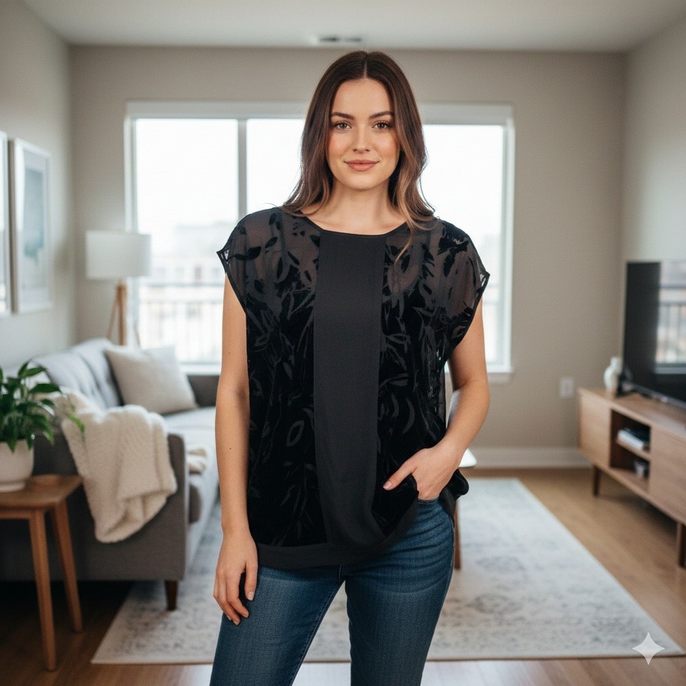 Cabi Women's Black Velvet Leaf Burnout Sheer Overlay Top - Size M